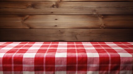 Poster - the checkered tablecloth on wooden background. Use for background.