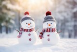 Fototapeta Tęcza - Two cheerful snowmen standing in winter