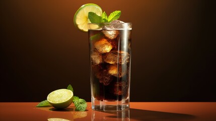 Poster - Whiskey cola cocktail with strong alcohol and ice, garnished with mint and lime in highball glass. Beige background, hard light