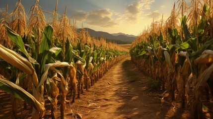 Poster - Corn cobs in corn plantation field.
