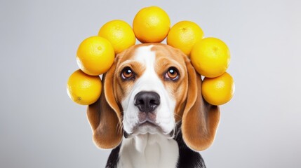 Poster - Portrait of beagle with a lemon on his head. Funny dog studio shot white background. Pet with fruits.