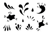 Water drops and splash silhouette in simple doodle style. Set different liquid shapes and silhouette.