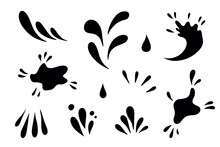 Water Drops And Splash Silhouette In Simple Doodle Style. Set Different Liquid Shapes And Silhouette.