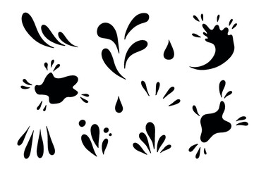 Water drops and splash silhouette in simple doodle style. Set different liquid shapes and silhouette.