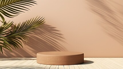 Leinwandbilder - Summer product display podium with shadow nature leaves with brown wall and sea background. 3D rendering