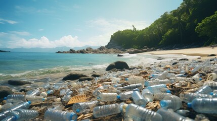 Poster - Stone beach with plastic waste. Plastic bottles in nature. Environmental pollution concept
