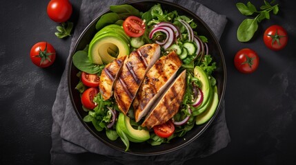 Poster - Grilled chicken meat and fresh vegetable salad of tomato, avocado, lettuce and spinach. Healthy and detox food concept. Ketogenic diet. Buddha bowl dish on white background, top view.