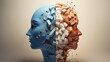 Bipolar mental health and brain disorder concept as a human head in paper divided in two colors as a neurological mood and emotion symbol or medical psychological metaphor in a 3D illustration style.