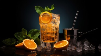 Aufkleber - Screwdriver, classic alcoholic cocktail with vodka, orange juice and ice, garnished with fruit slice and mint. Dark background, bar tools