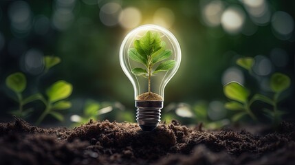 Poster - the tree growing on the soil in a light bulb. creative ideas of earth day or save energy and environ