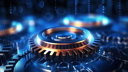 Aufkleber - Process management, optimization operation, fix strategy industry, transmission gears wheel, software update status, Cog Gear Wheel with arrows on the technology abstract background