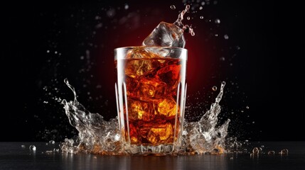 Poster - Soft drink glass with ice splash on cool smoke background. Cola glass with summer refreshment.