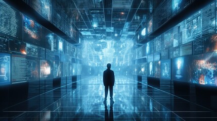 Aufkleber - Futuristic technology big data sorting, information artificial neural network, monitor screen in perspective
