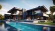 © HN Works - Modern Luxury House Minimalist Mansion Black Villa Large Architecture Home Exterior Building with Blue Sky and Black Stone Slab Garden with Pool 3d illustration render