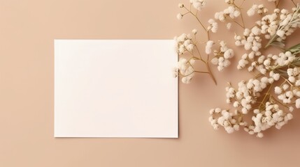 Wall Mural - Wedding invitation card mockup with natural eucalyptus and white gypsophila twigs. Blank card mockup on beige background.