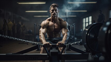 Canvas Print - Fit man training on row machine in gym