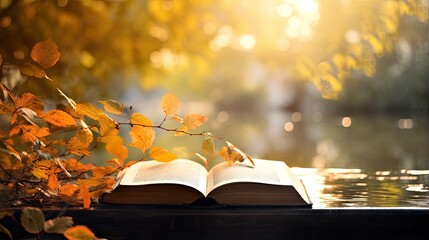 Poster - Religious Bible Quotes, Abstract Autumn Nature Background With Leaves Branches And Out of Focus Water