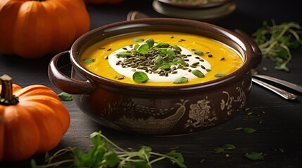 Canvas Print - Creamy pumpkin fall soup in green bowl on the light gray table. Butternut squash cream soup garnished with heavy cream and fresh sunflower microgreen. Selective focus