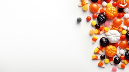 Poster - Halloween concept. Creative flat lay composition with pot and halloween candies on white background.