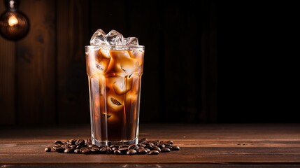 Leinwandbilder - Ice coffee in a tall glass with cream poured over and coffee beans on a old rustic wooden table. Cold summer drink on a dark wooden background with copy space.