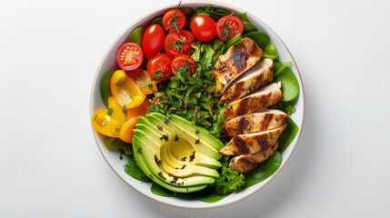 Poster - Grilled chicken meat and fresh vegetable salad of tomato, avocado, lettuce and spinach. Healthy and detox food concept. Ketogenic diet. Buddha bowl dish on white background, top view.