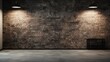 Empty photo studio interior with black background and brick wall. Mock up, 3D Rendering