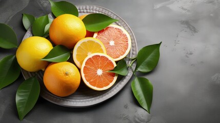 Wall Mural - Plate with citrus fresh fruits on a concrete background