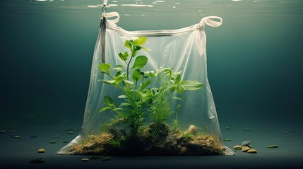 Poster - Plastic free.Ecological poster. Say NO to plastic and polyethylene bags. Ban plastic pollution. Biodegradable bag, made with green sprout and leaves. Zero waste and Sustainable lifestyle. Think Green.