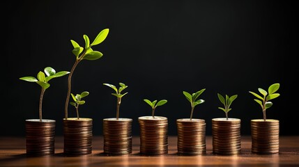 Poster - Money Growth Concept - Plants On Coin Stacks In Increase