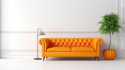 Wall Mural - White wall interior living room have orange leather sofa and decoration minimal.3d rendering