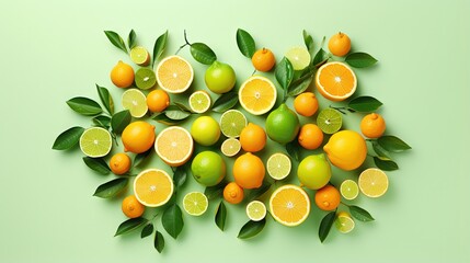 Poster - Tree made of citrus fruits, oranges, lemons, lime and green leaves on bright background. Creative flat lay nature concept.