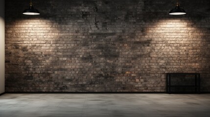 Wall Mural - Empty photo studio interior with black background and brick wall. Mock up, 3D Rendering