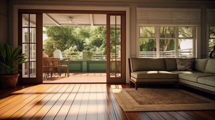 a living room with wood floors and a couch in the center of the room is an open door that leads to a patio