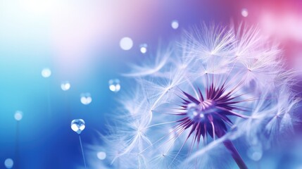 Sticker - Beautiful dew drops on a dandelion seed macro. Beautiful soft light blue and violet background. Water drops on a parachutes dandelion on a beautiful blue. Soft dreamy tender artistic image form.