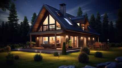 Poster - 3d rendering of modern cozy house in chalet style with garage for sale or rent with many grass on lawn. Clear summer night with stars on the sky. Cozy warm light from window