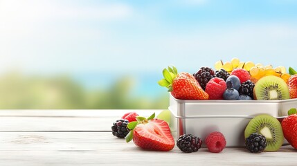 Poster - Summertime healthy food concept: Close up of lunch box filled with of fruits, berries and crunches on white wooden background with blank space for text; selective focus