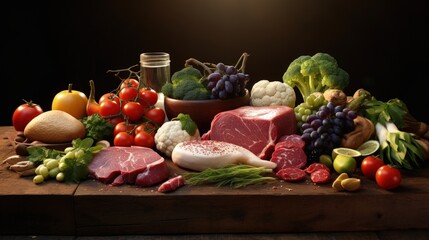 Poster - balanced diet, cooking, culinary and food concept - close up of vegetables, fruits and meat on wooden table