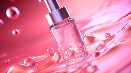 Poster - Skin Serum and Vitamin collagen with Liquid Bubble on pink color background. 3d rendering.