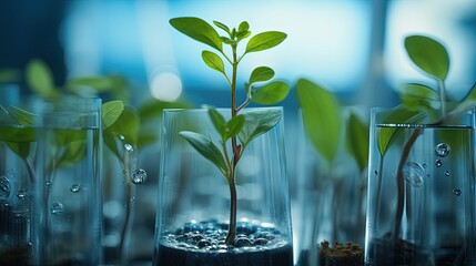 Poster - young sample plant growing in test tube with microscope background , biotechnology research concept.