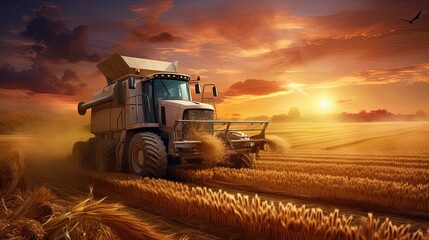 Poster - Combine harvester dumps harvested wheat into truck. Farm scene. farming harvest season at sunset.