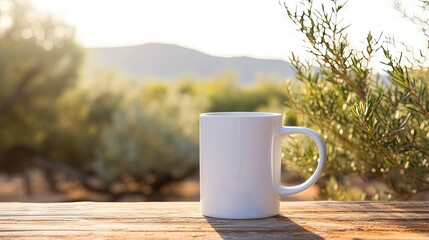Poster - AI (Artificial Intelligence) concept on White coffee mug mockup on tree trunk wood through olives tree