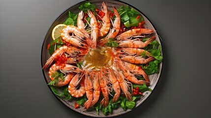 Sticker - Salad with grilled Giant shrimps prawns in plate. Gray background. Top view. Free copy space