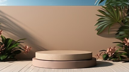 Leinwandbilder - Summer product display podium with shadow nature leaves with brown wall and sea background. 3D rendering