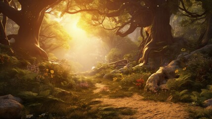 Poster - fairy tale background trees forrest sun dust landscape
