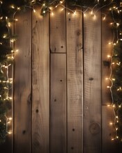 Vertical Christmas Lights Frame On Wooden Background. Festive Holiday Decoration With Copy Space.