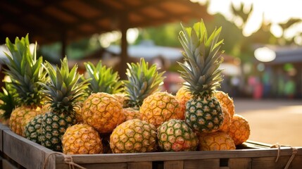 Wall Mural -  a crate filled with lots of pineapples sitting on top of a wooden table in front of a building.  generative ai
