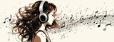 Fototapeta  - The Melodious Muse: A Woman Immersed in Music and Surrounded by Harmonious Notes. A woman with headphones and musical notes on a white background.