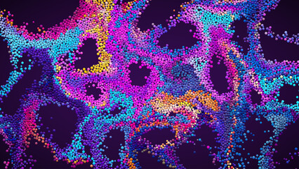 Wall Mural - Colorful gradient dots randomly flowing and swirling in liquid stream. Chaotic motion of small colorful circles. Abstract dynamic particles background for banner, flyer, poster. Vector Illustration