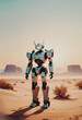 illustrazione di robot meccanico con sembianze umanoidi fermo in un paesaggio desertico al tramonto