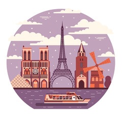 Paris Travel Scene with River Cruise Tourist Boat